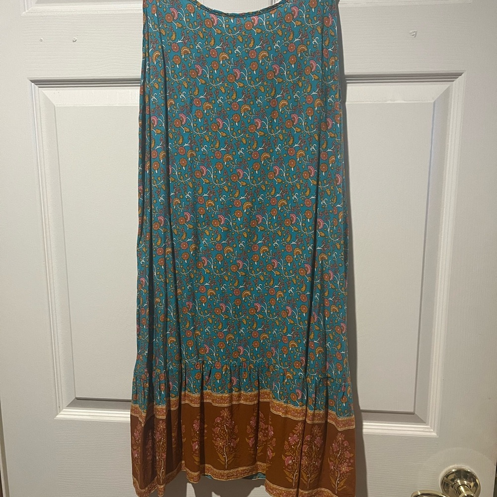 Elegant Floral Maxi Skirt in Teal and Brown
